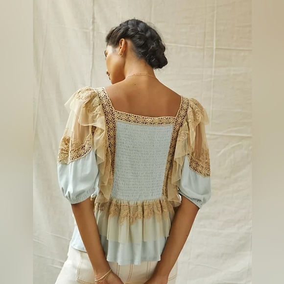 Anthropologie Ruffled Lace Mesh Layered Peplum Short Sleeve Top, Small, Lilac - Picture 10 of 10